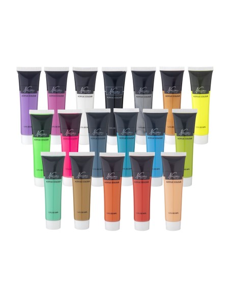 Akriliniai dažai NASSAU rinkinys su metalizuotomis ir fluorescencinėmis spalvomis 18 spalvų x 36 ml.
