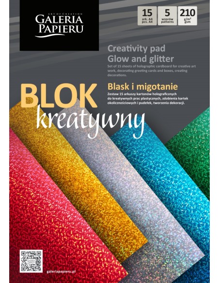 Dekoratyvinis popierius GALERIA PAPIERU Glow and Glitter A4 210 gsm įvairių spalvų 15 lapų