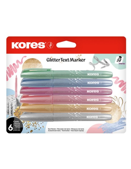 Teksto žymekliai KORES Glitter 6 blizgios spalvos