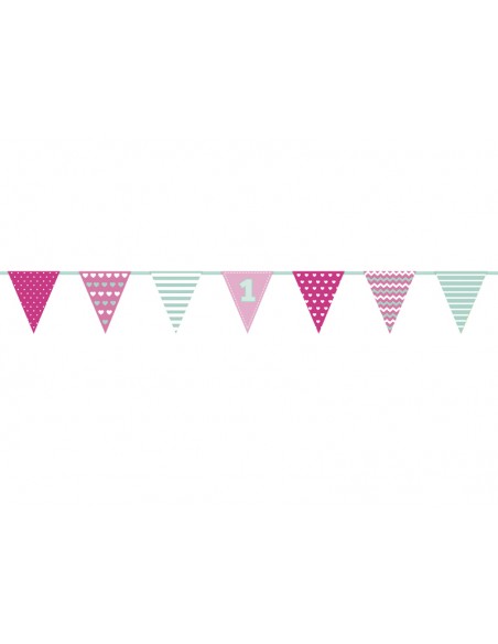 Girlianda PARTY DECO First Birthday 1.35 m popierinė rožinės ir mėtų spalvos atspalvių