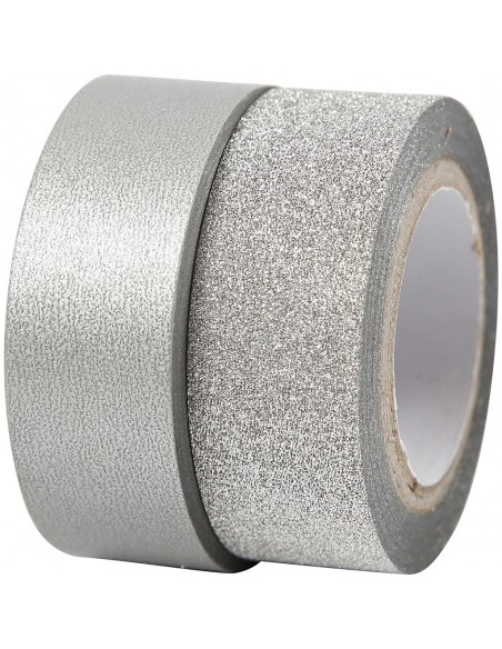 Lipni popierinė juostelė CREATIV COMPANY dekoratyvinė (washi) 15 mm x 10 ir 7 m sidabrinė 2 vnt.
